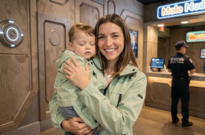 Mère portant son bébé endormi dans l'espace d'attente dédié au baby switch d'une attraction du Futuroscope