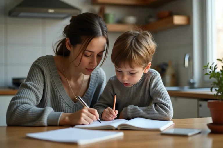 Mère célibataire aidant son jeune enfant à faire ses devoirs à la table de cuisine, scène de vie quotidienne chaleureuse et intimiste