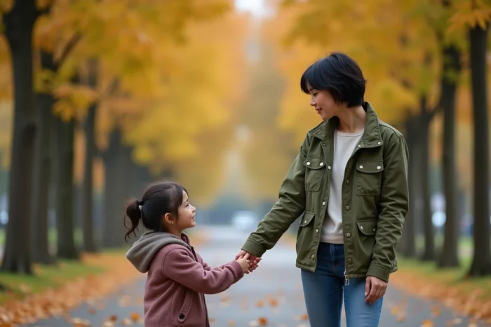 Mère célibataire se promenant avec sa fille dans un parc en automne, lien émotionnel fort entre parent et enfant
