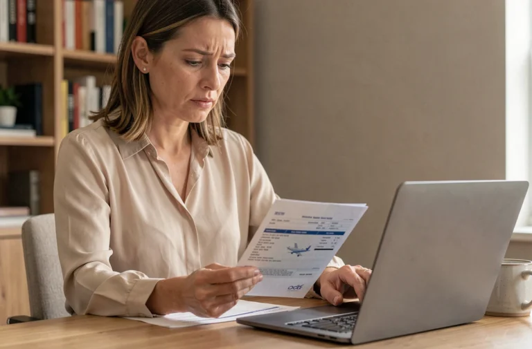 Femme consultant un billet Air France sur son ordinateur portable pour modifier un nom