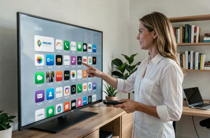 Femme naviguant dans la galerie d'applications d'une Smart TV Philips dans un bureau à domicile