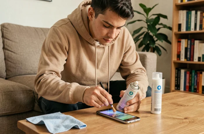 Jeune homme nettoyant le port de charge d'un smartphone dans un salon avec des outils d'entretien