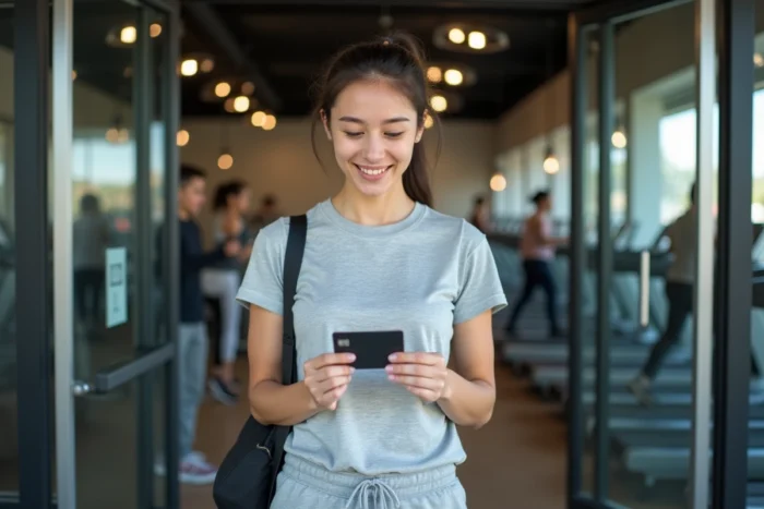 Jeune femme tenant sa nouvelle carte Basic Fit de remplacement à l'entrée de la salle de sport