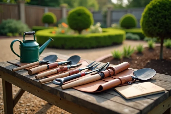 Outils de jardinage professionnels disposés sur un banc en bois dans un jardin aménagé avec allées en gravier
