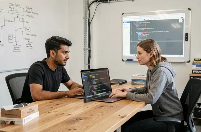 Due sviluppatori in sessione di pair-programming su un progetto open source Python in uno spazio di coworking