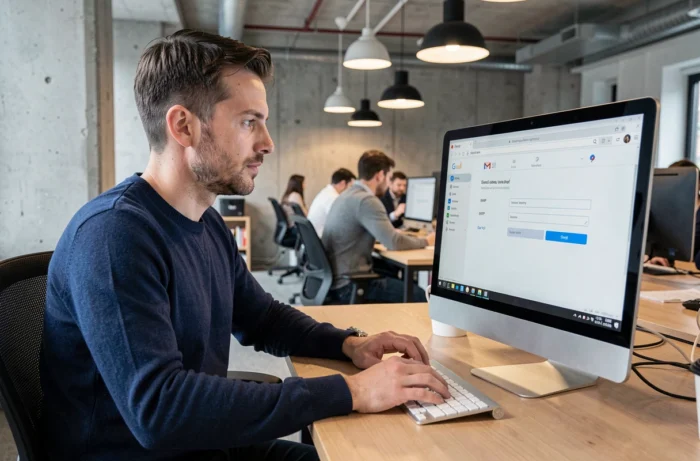 Homme paramétrant une boîte mail Versailles dans Gmail sur un ordinateur de bureau en espace de coworking