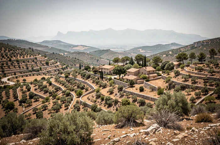 Paysage panoramique de la campagne de Fuveau avec garrigues, mas provençaux et massif de la Sainte-Baume