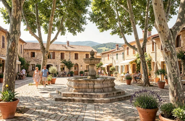 Place du village de Fuveau en Provence avec fontaine en pierre et platanes sous le soleil méditerranéen
