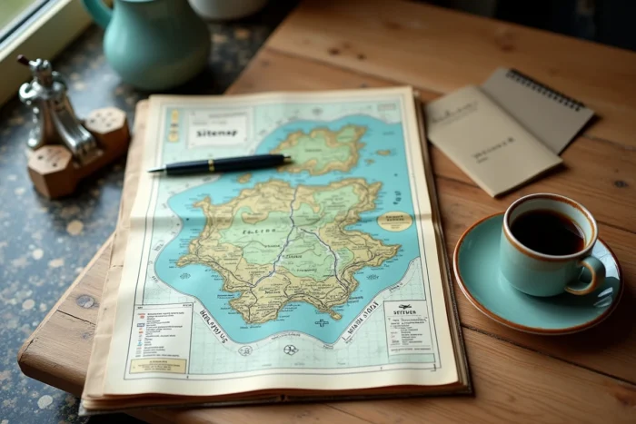 Vue aérienne d'un plan de site du Portail Breton imprimé sur une table en bois avec notes manuscrites