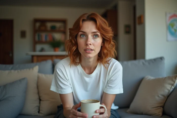 Portrait intimiste d'une mère célibataire seule et pensive dans son salon, exprimant la charge mentale et la résilience parentale