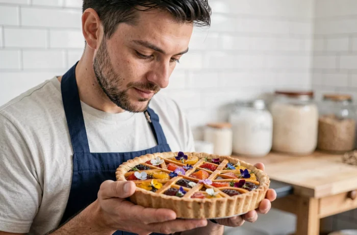 Portrait d'un pâtissier tenant fièrement une tarte décorée de fruits et de fleurs comestibles dans une cuisine artisanale