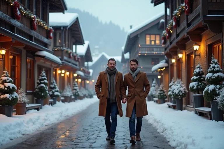 Couple élégant se promenant dans les rues enneigées du village de Megève, entouré de chalets alpins typiques décorés pour l'hiver