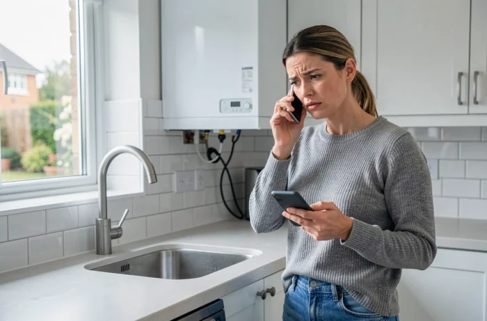 Mulher preocupada ouvindo um barulho suspeito vindo de sua caldeira de parede em uma cozinha moderna