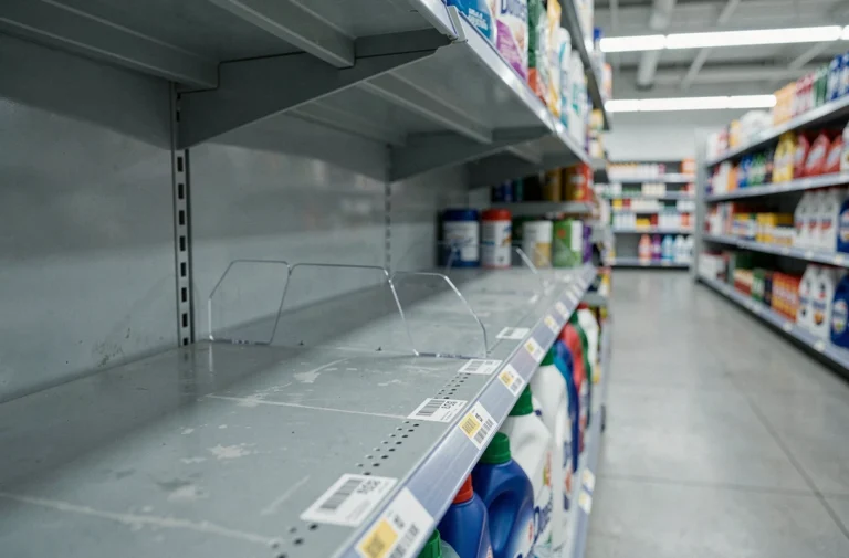 Rayon de supermarché vide à l'emplacement des produits Domestos, avec des étiquettes de prix sans stock visible