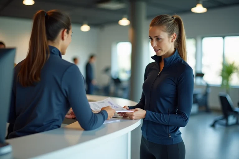 Femme en tenue de sport remplaçant sa carte Basic Fit perdue à l'accueil d'une salle de gym