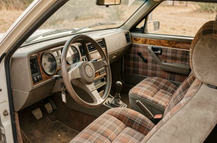 Intérieur de la Renault 30 V8 montrant le tableau de bord analogique, la sellerie en tissu à carreaux et le volant d'époque typique des années 1970