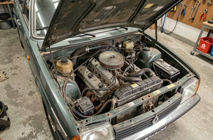 Compartiment moteur de la Renault 30 V8 avec le moteur PRV V6 apparent, photo en vue plongeante dans un garage authentique révélant les détails mécaniques d'époque
