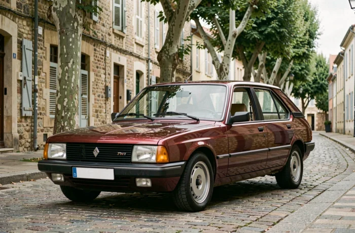 Renault 30 V8 bordeaux métallisé garée sur pavés dans un village français, vue trois quarts avant mettant en valeur la carrosserie et les phares rectangulaires