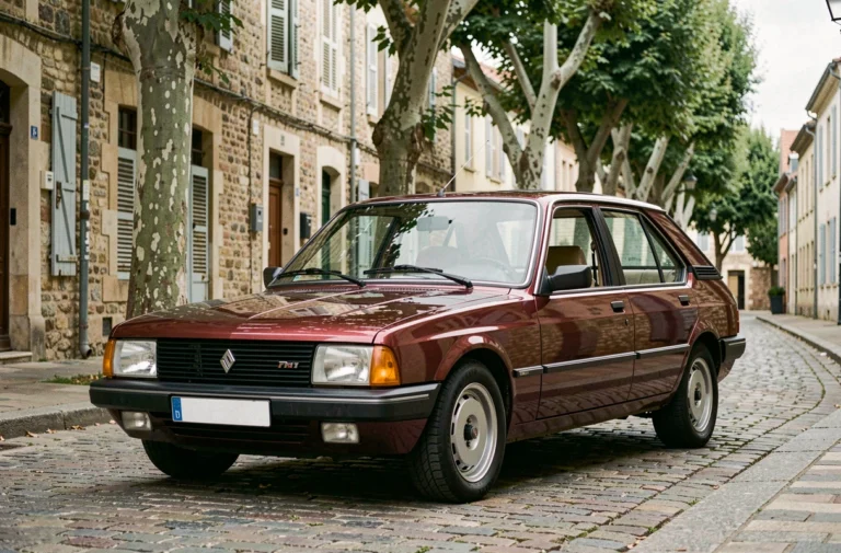Renault 30 V8 bordeaux métallisé garée sur pavés dans un village français, vue trois quarts avant mettant en valeur la carrosserie et les phares rectangulaires