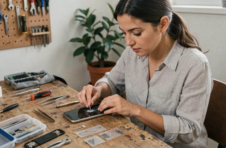 Femme réparant l'écran fissuré d'un smartphone sur un établi en bois avec des outils de précision