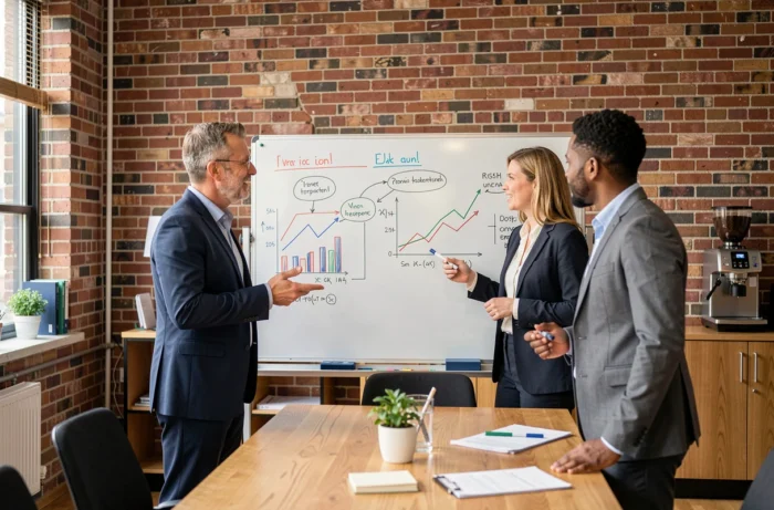 Équipe de professionnels en réunion stratégique autour d'un tableau blanc dans une salle de collaboration