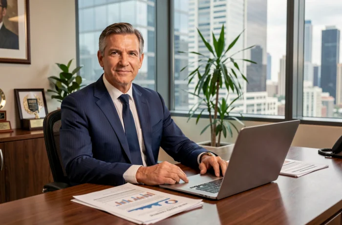 Homme d'affaires professionnel en costume bleu marine assis à un bureau exécutif moderne avec des documents financiers
