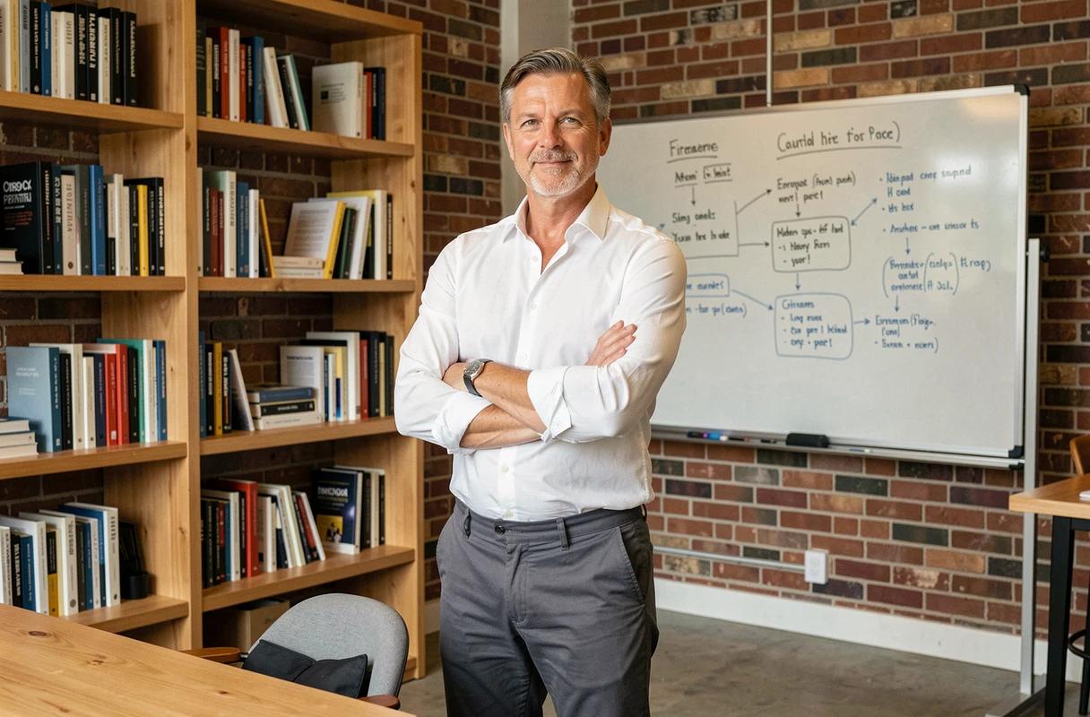 Professionnel accompli debout dans un espace de coworking moderne avec tableau blanc et étagères de livres d'affaires