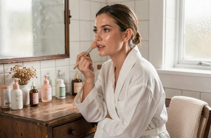 Femme appliquant un blush naturel devant une coiffeuse vintage en bois entourée de produits de beauté et de fleurs séchées