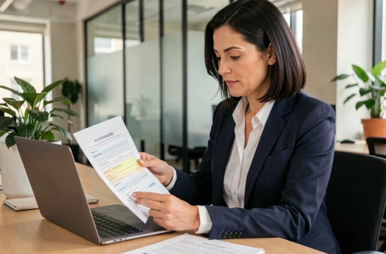 Salariée en entreprise consultant des documents sur les aides à la mobilité professionnelle dans un bureau moderne