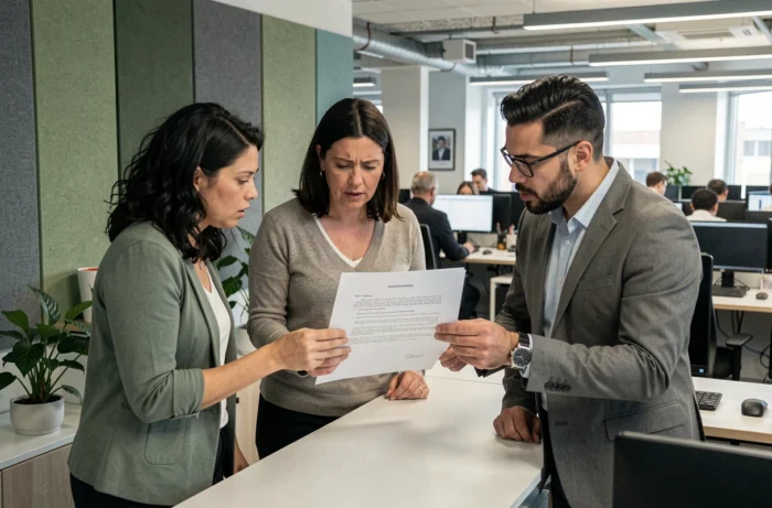 Gruppo di lavoratori che discutono dei diritti legati agli usi aziendali attorno a un accordo collettivo in uno spazio di lavoro moderno