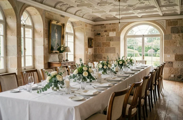 Sala de recepção privada com mesa de honra preparada para um evento elegante em um castelo perto de Paris