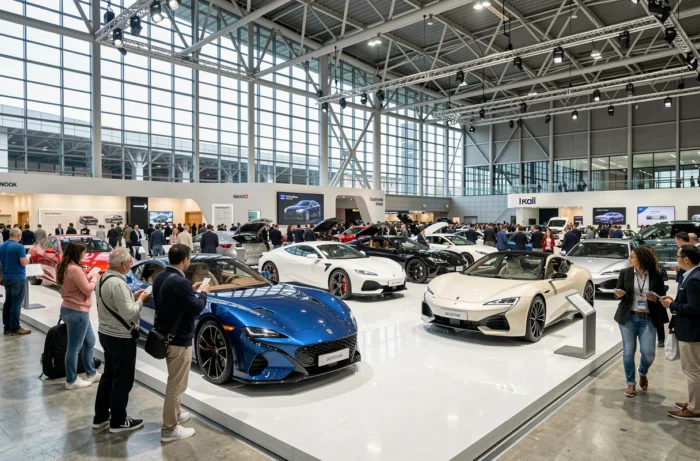 Hall d'exposition d'un salon automobile international avec plusieurs concept cars et visiteurs, véhicules sur podiums blancs