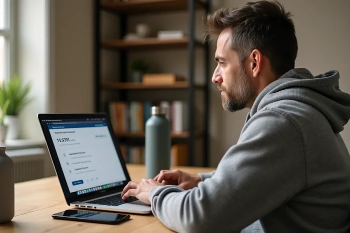 Homme consultant son compte Basic Fit en ligne pour signaler la perte de sa carte de membre