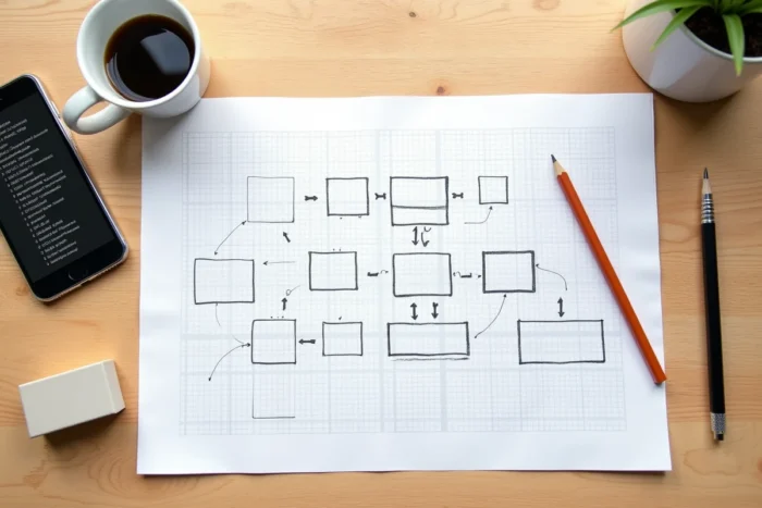 Vue en plongée d'un sitemap dessiné à la main sur papier millimétré entouré d'outils de planification de site web