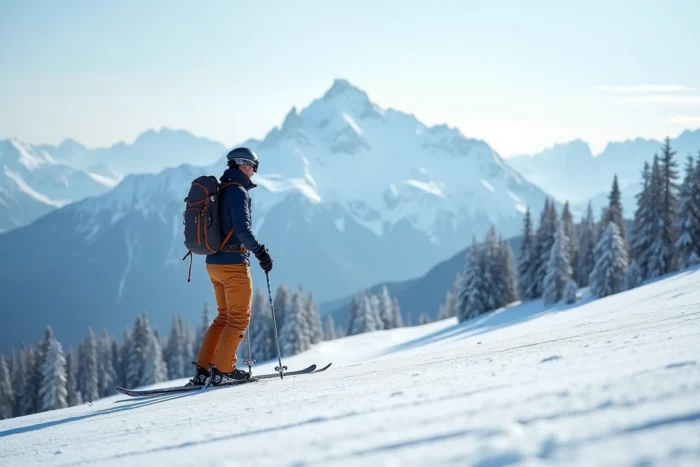 Skieur en tenue haut de gamme marquant une pause sur les pistes de Megève avec une vue panoramique sur le massif du Mont Blanc