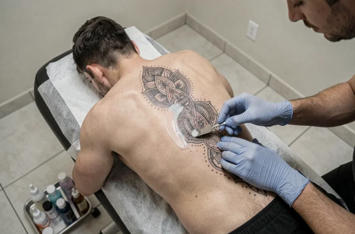 Tatoueur appliquant un baume cicatrisant sur un tatouage de colonne vertébrale en cours de guérison sur un homme allongé
