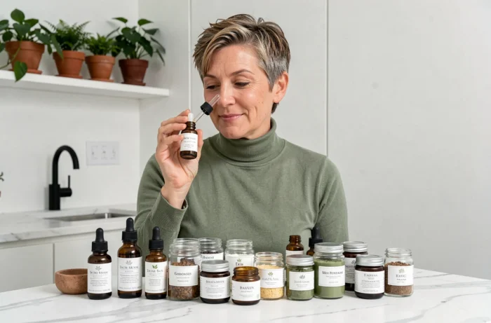 Donna matura che esamina un siero in un bagno minimalista con prodotti di bellezza disposti su un piano in marmo bianco