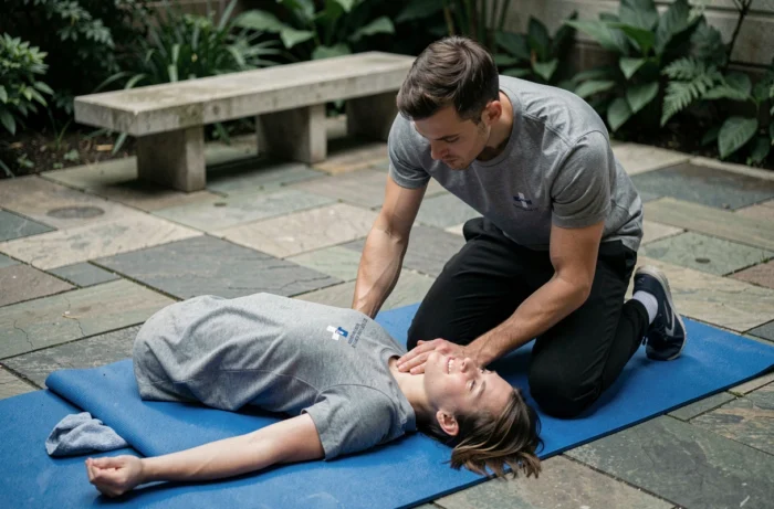 Deux stagiaires en formation secourisme pratiquant la position latérale de sécurité sur un tapis de sol dans une cour extérieure
