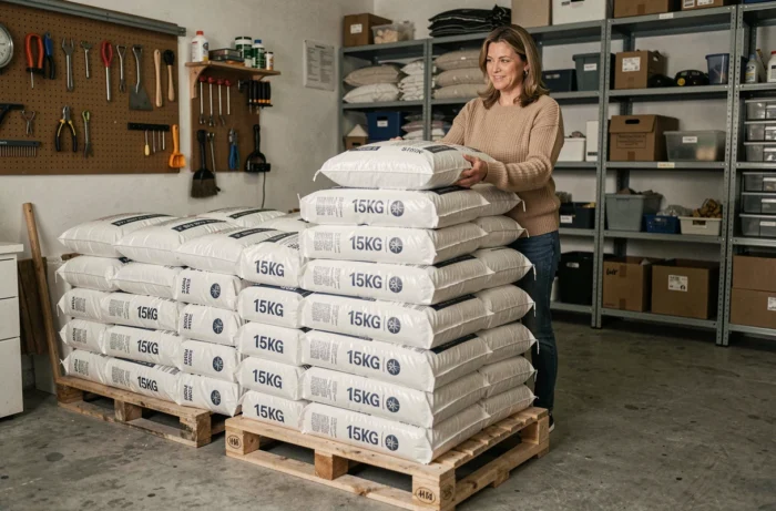 Femme stockant des sacs de pellets dans un garage après achat en grande surface