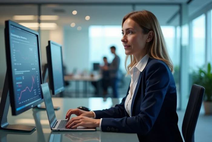 Femme cadre analysant des tableaux de bord B2B sur écran dans un bureau d'entreprise moderne