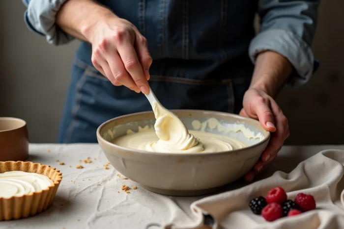 Styliste culinaire masculin incorporant du mascarpone dans un bol en céramique avec de la crème fraîche et des ingrédients de tarte sur une table recouverte de lin
