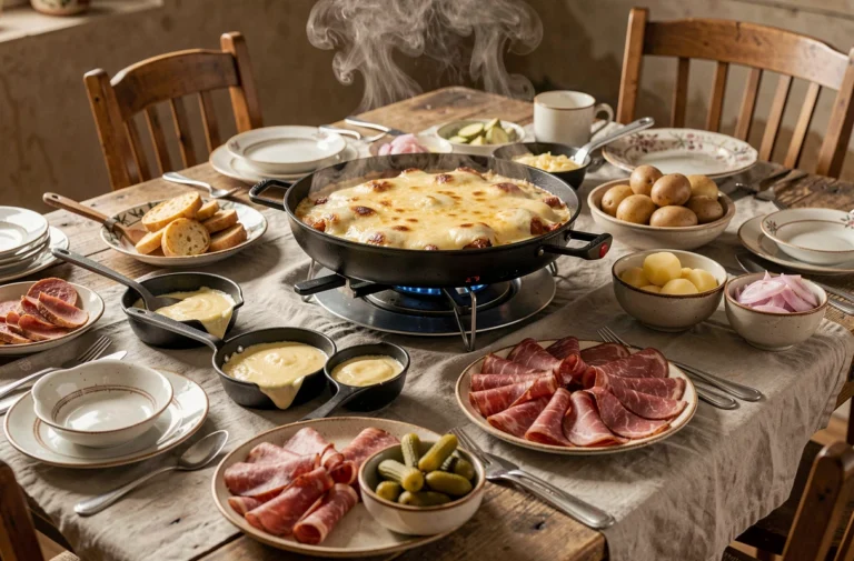 Table de raclette conviviale avec fromage fondu, charcuterie et pommes de terre sur une nappe en lin rustique