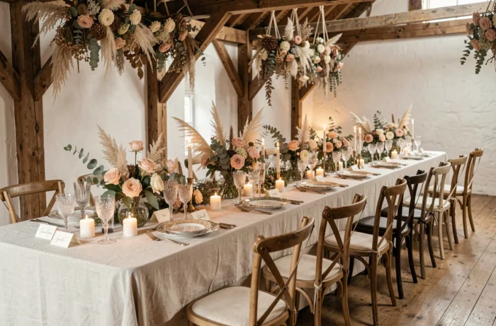 Mesa de recepção de casamento decorada com flores, velas e louça vintage em um celeiro rústico