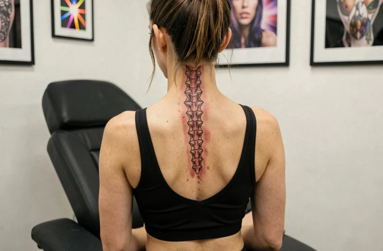 Jeune femme assise de dos révélant un tatouage frais sur la colonne vertébrale dans un studio de tatouage professionnel