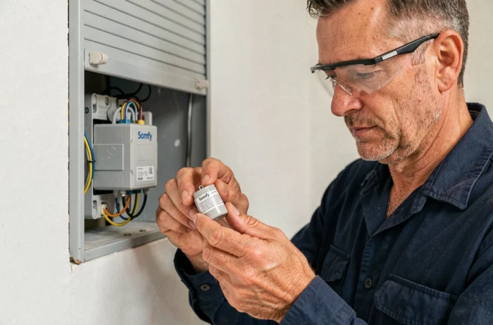Technicien tenant un condensateur moteur Somfy pour remplacement sur volet roulant