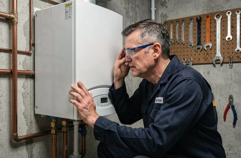 Technicien écoutant les bruits inhabituels d'une chaudière dans une chaufferie résidentielle