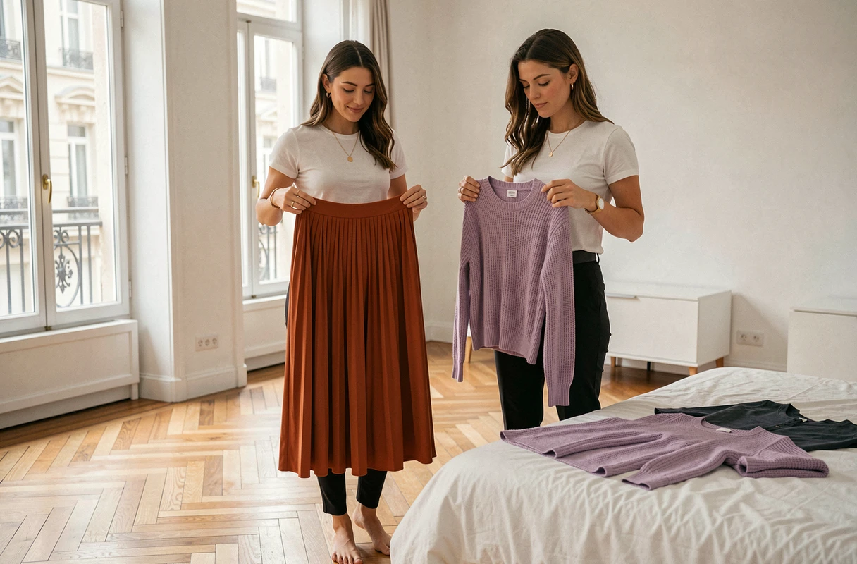Deux femmes comparant des vêtements tendance dans un appartement parisien lumineux au parquet en chevrons