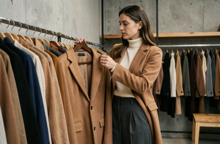 Femme tendance en manteau camel et pantalon large charbon faisant du shopping dans une boutique moderne aux murs en béton