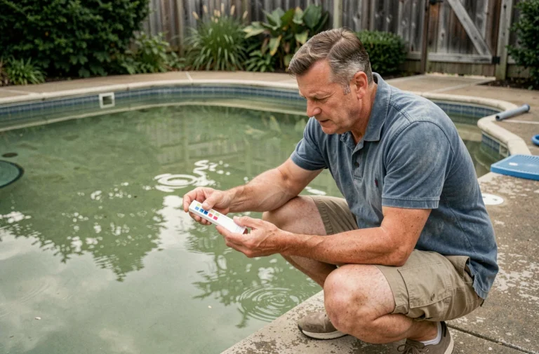 Homme testant la qualité de l'eau trouble d'une piscine avec des bandelettes de test chimique