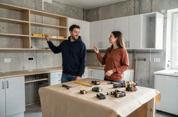 Couple mesurant et installant des étagères dans une cuisine en cours de rénovation